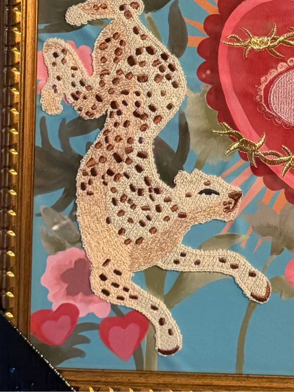 SAPNA SHAH NWT Blue Floral Sacred Heart Leopard Embroidered Wall Art 24” x 20”.